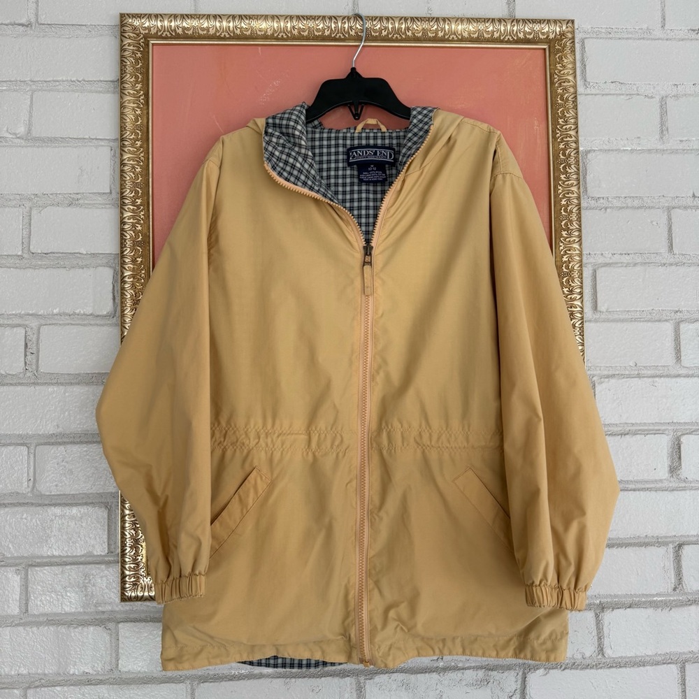 Vintage Lands' End Girls or Boys Hooded Yellow Plaid Windbreaker Rain Jacket
